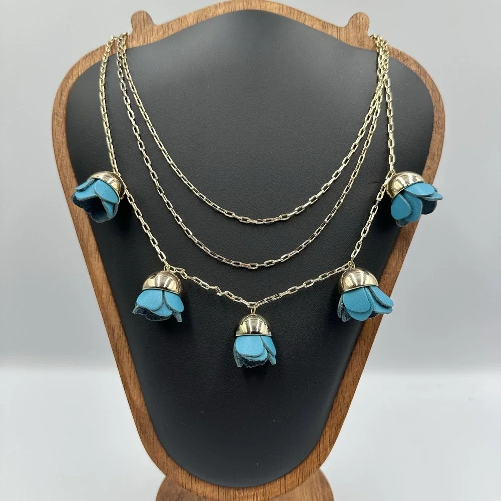 BaubleBar Triple Layer Gold Tone Turquoise Leather Tulip Flower Charm Necklace N